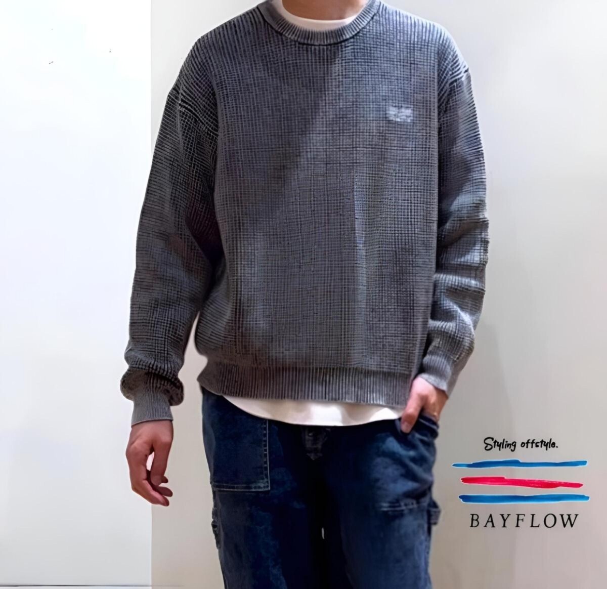 【新品】BAYFLOW Lサイズ フェードニット チャコール プルオーバー ベイフロー ワンポイント コットン セーター 秋冬_画像9