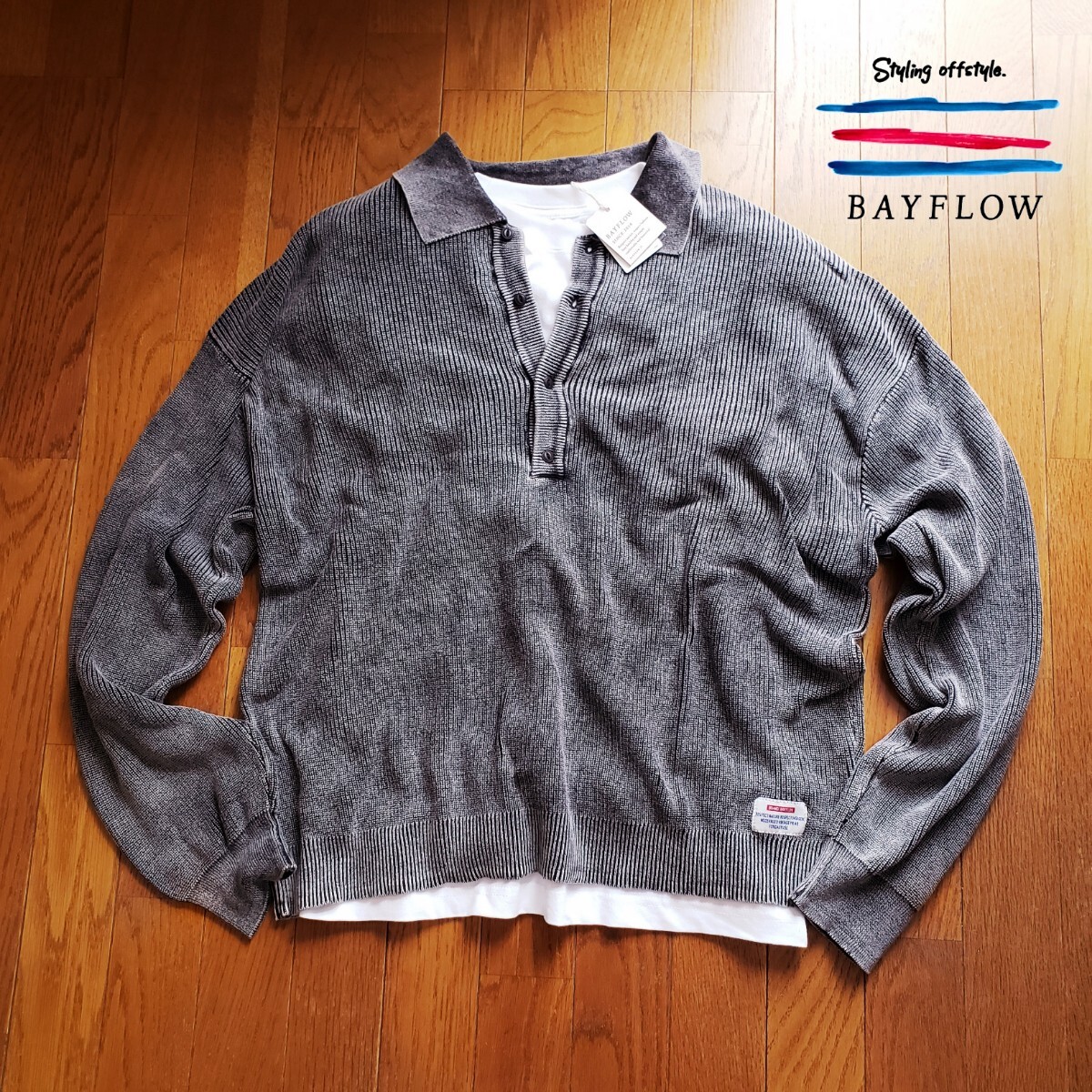 【新品】BAYFLOW Lサイズ フェード ポロニット プルオーバー チャコール ベイフロー 程よい厚み 襟付き ヘンリーネック_画像1