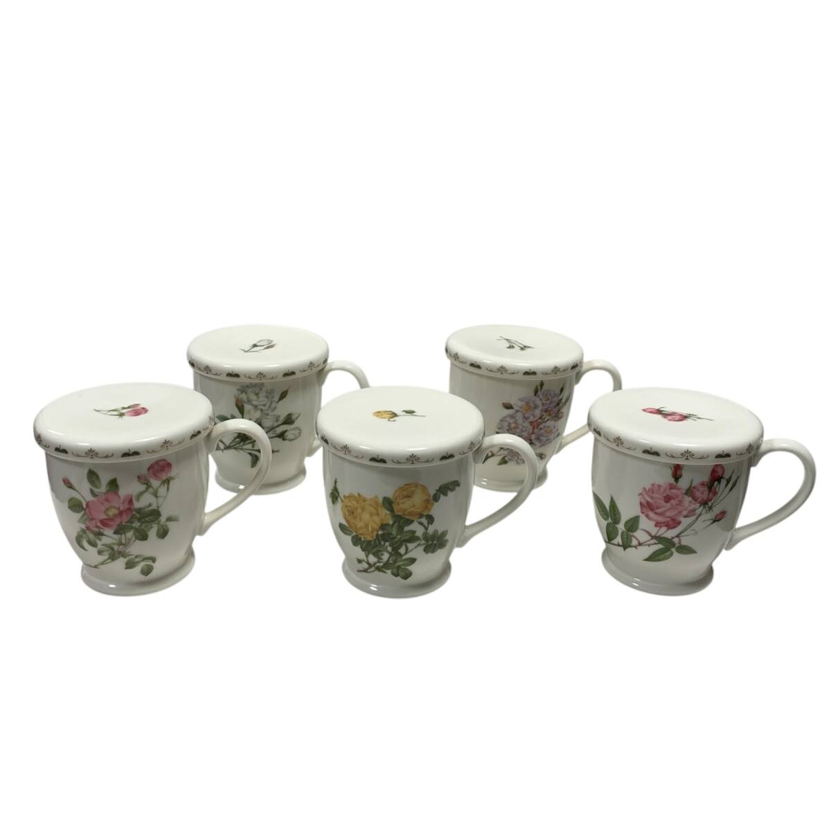 ◆マルイクレイMARUI Clay&Ceramics パールリーフ 茶漉し付き 蓋付き ５客セット マグカップ 花柄 ティーカップ 中古品◆ kyQ19257N_画像1