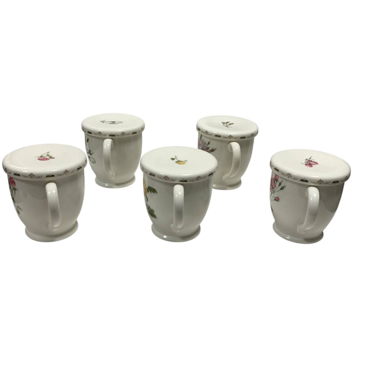 ◆マルイクレイMARUI Clay&Ceramics パールリーフ 茶漉し付き 蓋付き ５客セット マグカップ 花柄 ティーカップ 中古品◆ kyQ19257N_画像2