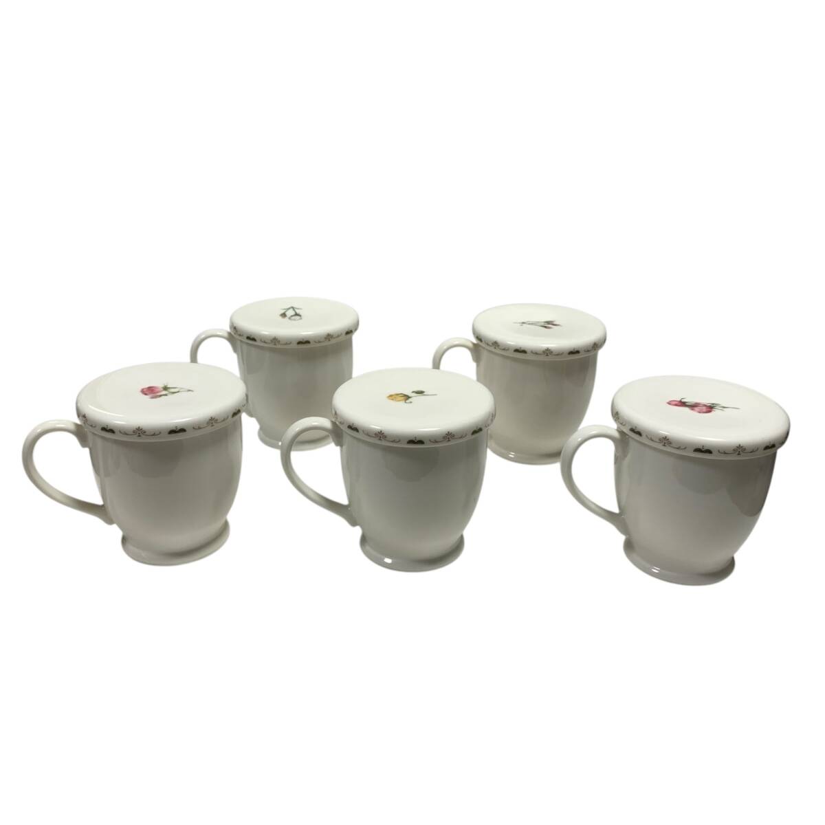 ◆マルイクレイMARUI Clay&Ceramics パールリーフ 茶漉し付き 蓋付き ５客セット マグカップ 花柄 ティーカップ 中古品◆ kyQ19257N_画像3