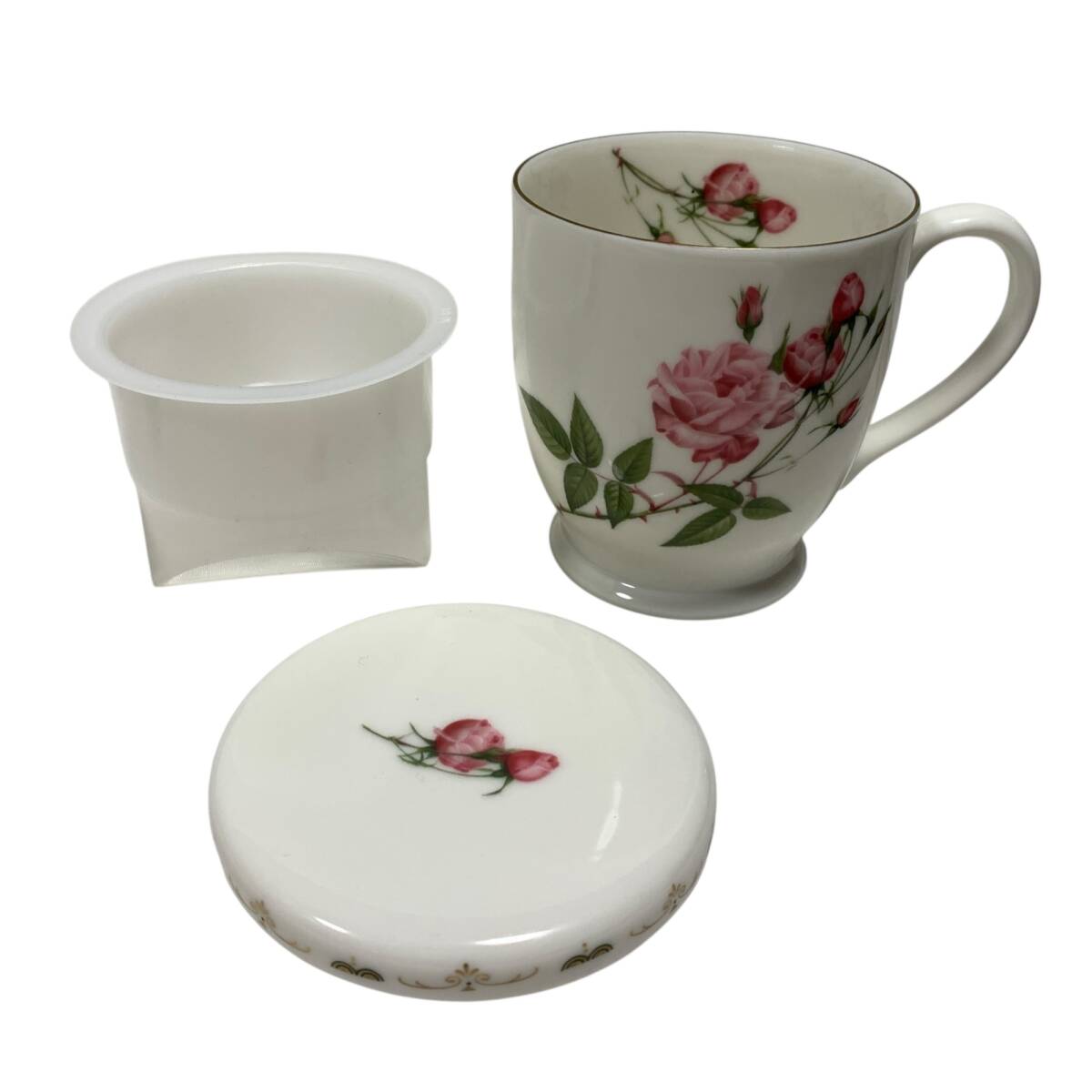 ◆マルイクレイMARUI Clay&Ceramics パールリーフ 茶漉し付き 蓋付き ５客セット マグカップ 花柄 ティーカップ 中古品◆ kyQ19257N_画像5