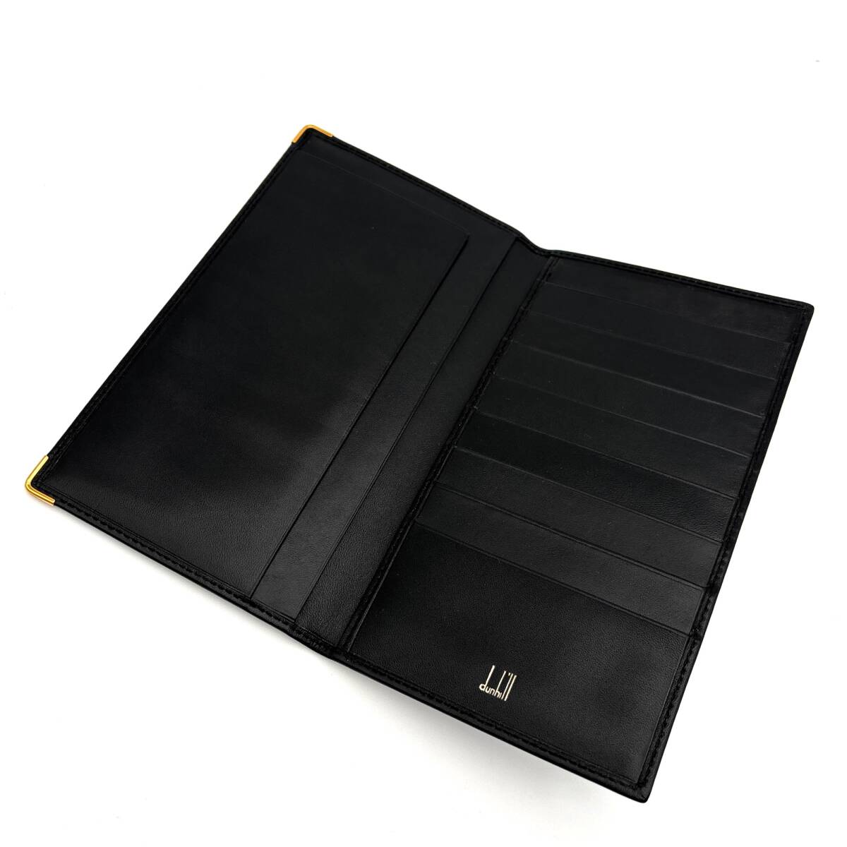 未使用保管品 箱付き dunhill ダンヒル 長財布 二つ折り 札入れ メンズ ビジネス ゴールド金具 ブラック 黒 レザー 紳士 高級 ロゴプリント_画像6