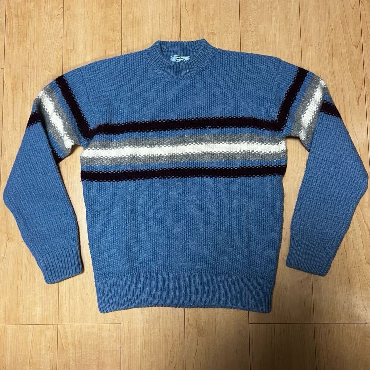 激安 格安 PRADA プラダ セーター ニット ウール アルパカ BORDER KNIT 古着 水色 ペルー製_画像1