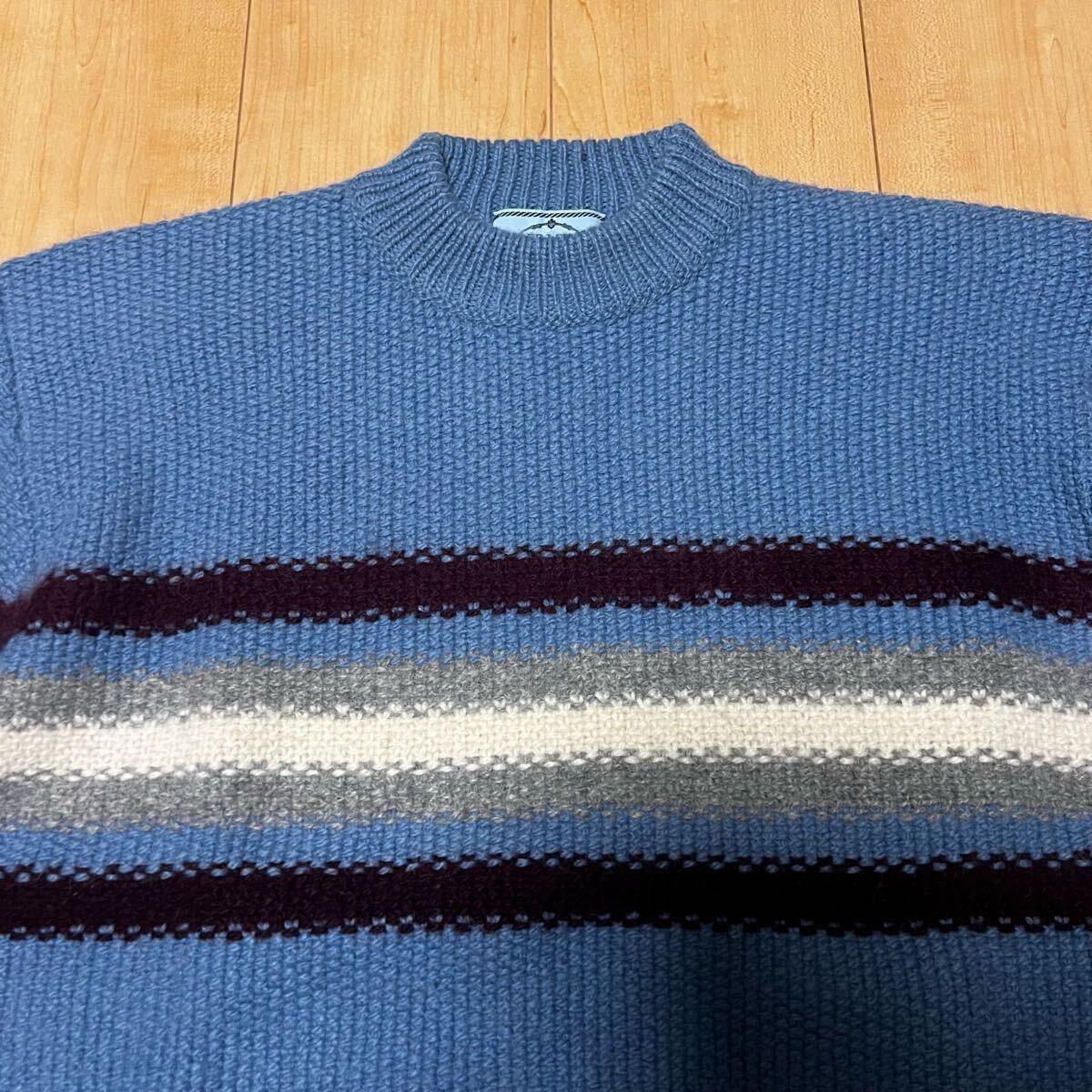 激安 格安 PRADA プラダ セーター ニット ウール アルパカ BORDER KNIT 古着 水色 ペルー製_画像2