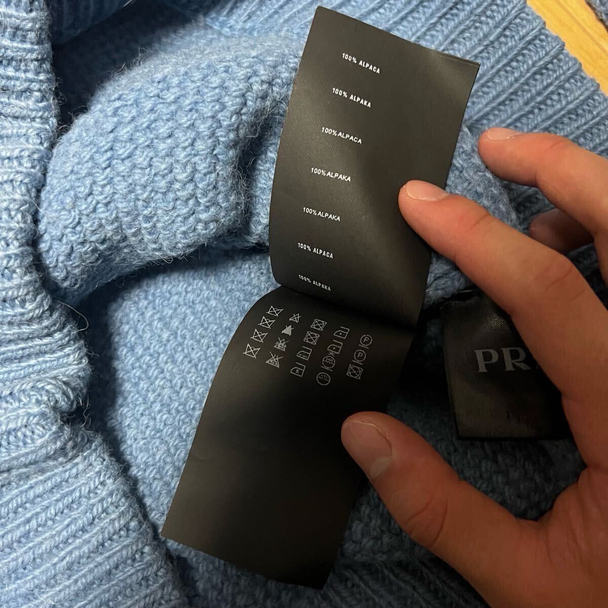 激安 格安 PRADA プラダ セーター ニット ウール アルパカ BORDER KNIT 古着 水色 ペルー製_画像10