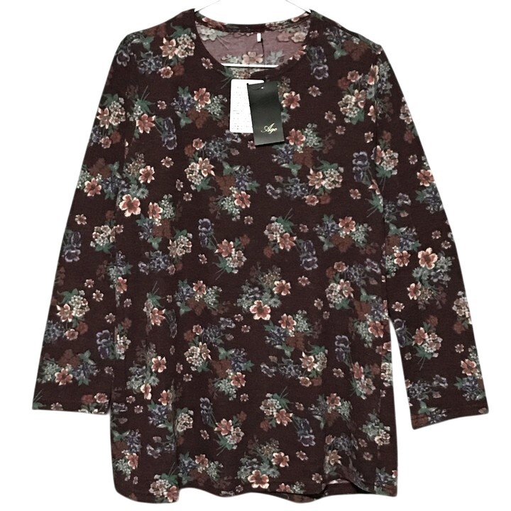 ■新品■ フラワー柄 長袖 チュニック Mサイズ 柔らか 花柄 あずき色 秋 冬 春 カットソー 起毛 フランネル風 レディース 婦人 ミセス 109_画像1