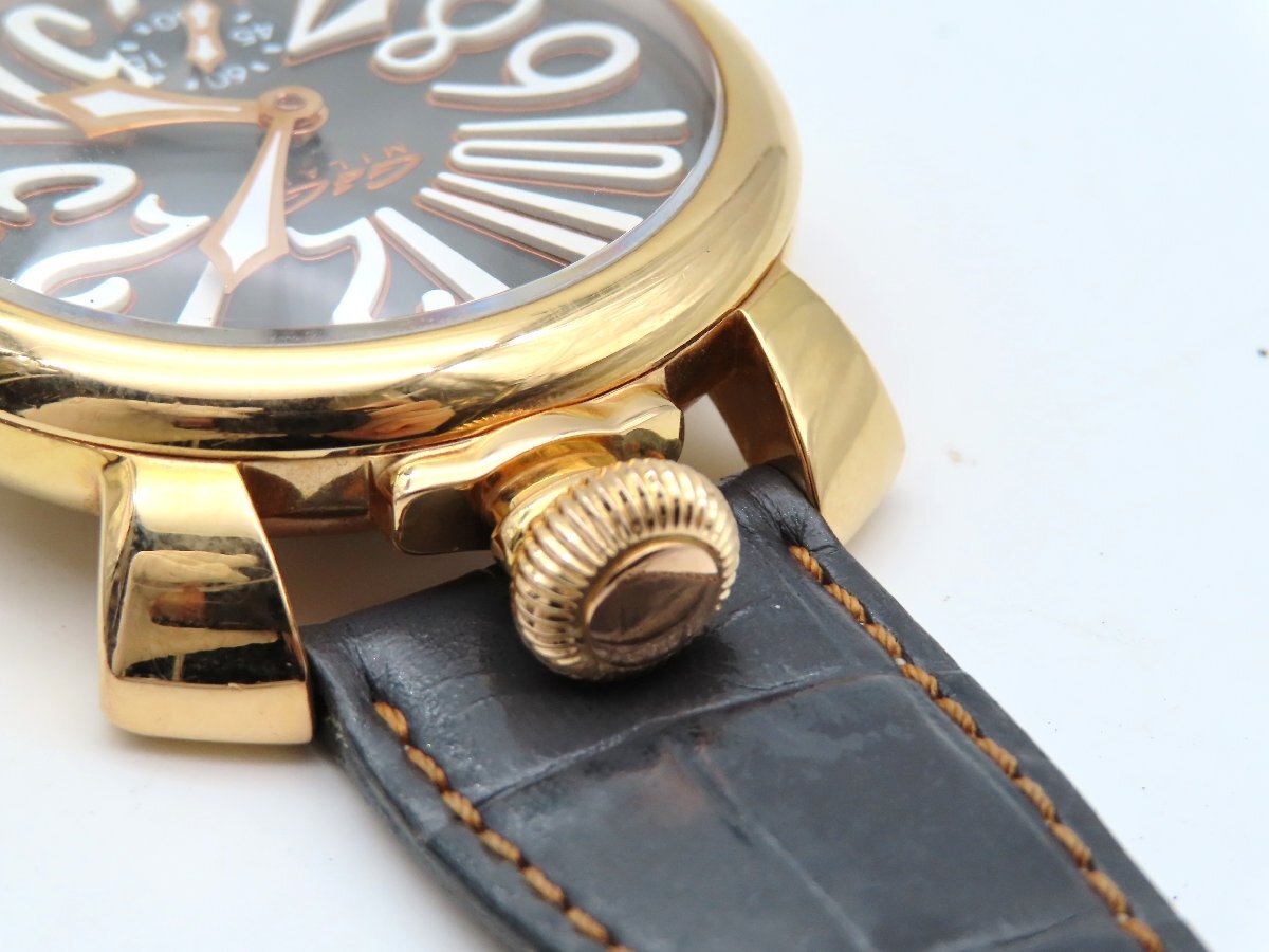 1円 ガガミラノ 44212 GP/革 グレー文字盤 メンズ 稼働 手巻 2799302_画像2