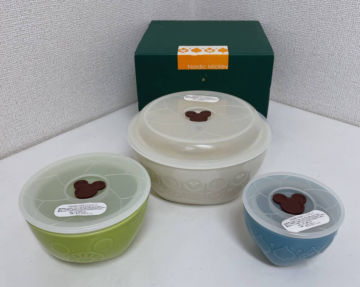 【ディズニーのレンジ蓋付き、耐冷・耐熱食器3点セット★】ホワイト/グリーン/ブルー/レンジパック/可愛い/料理/A711-019_画像1