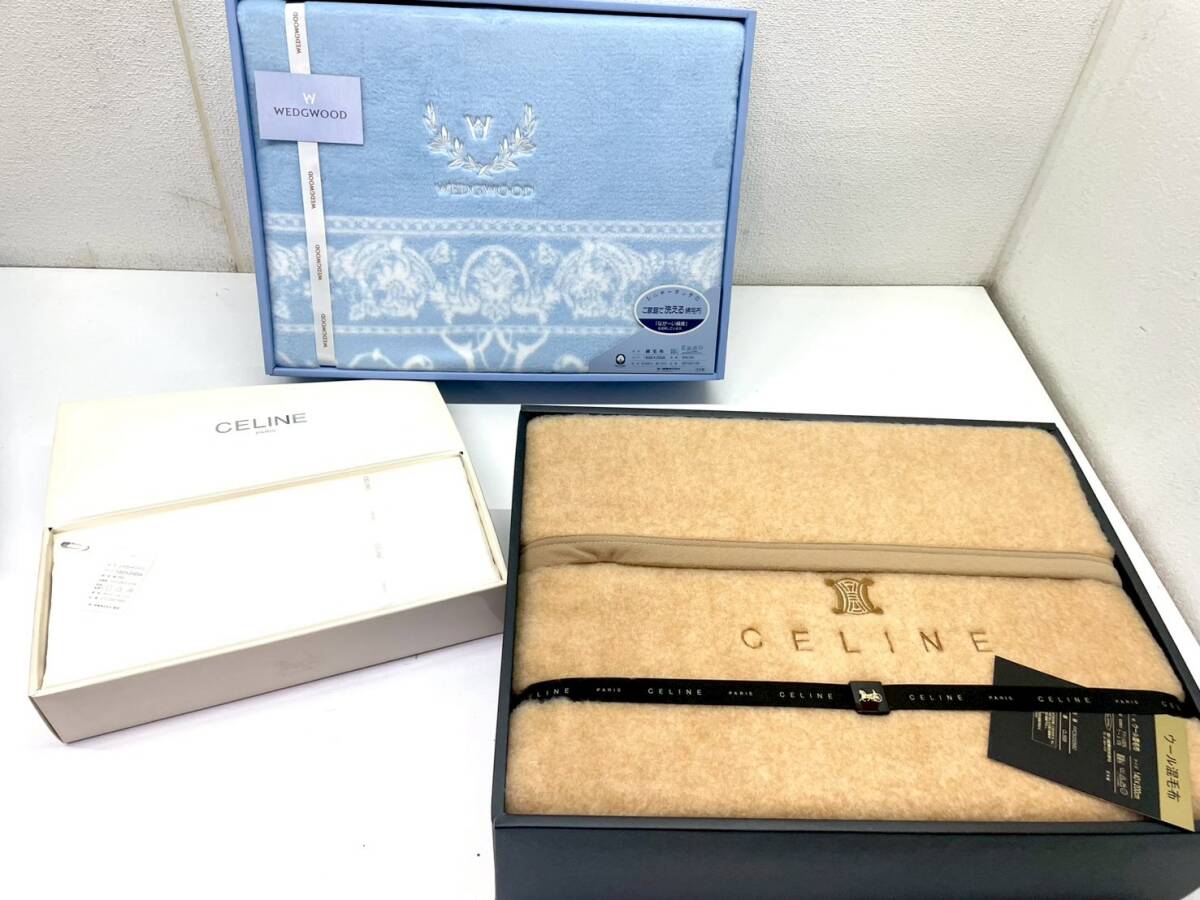 2511-94 【未使用保管品】CELINE WEDGWOOD寝具 まとめ ウール混毛布 綿毛布 ジャガードシーツ_画像1