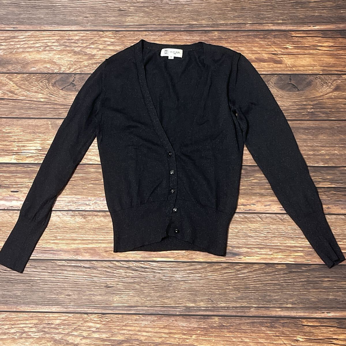 MICHEL KLEIN ミッシェルクラン カーディガン 薄手ニット レディース アウター ウール Vネック 長袖 ラメ入り ストーン ブラック 38 M_画像2