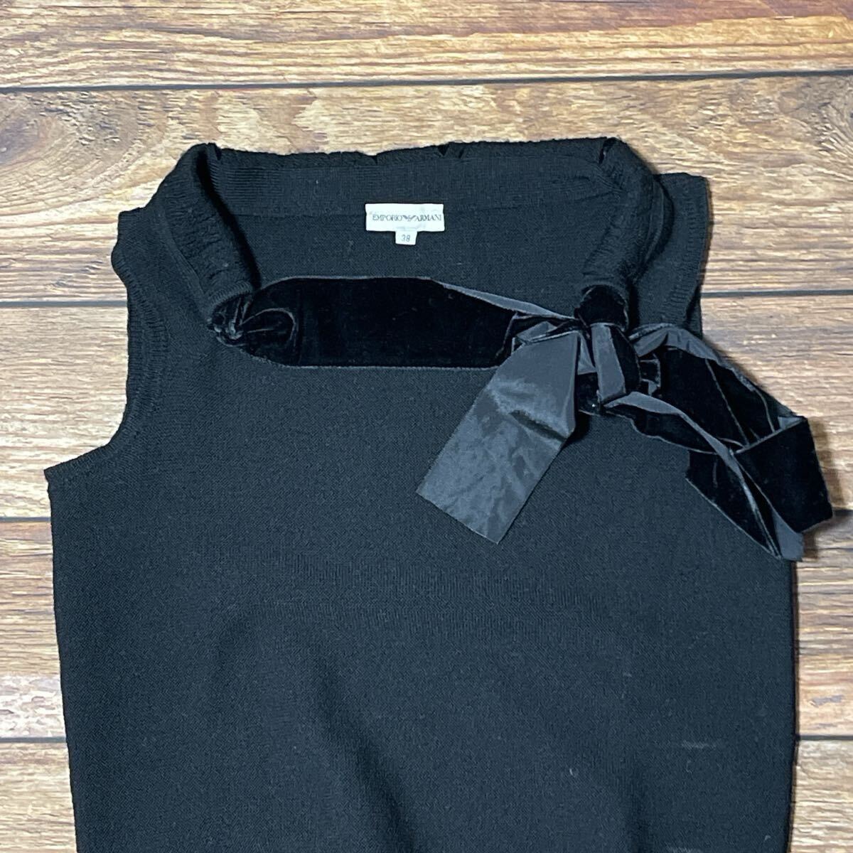 EMPORIO ARMANI エンポリオアルマーニ ニット ノースリーブニット レディース トップス イタリア製 ウール ボウタイ付 ブラック サイズ38 M_画像4