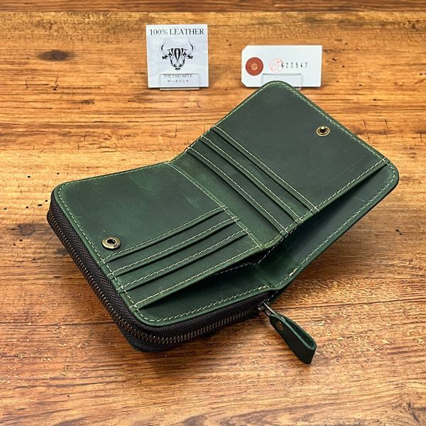 コンパクト財布 折り財布 カードケース イタリアンレザー メンズ 財布 男性 ミニ財布 新品 送料無料 未使用 1円 一円 本革 革財布 緑_画像8
