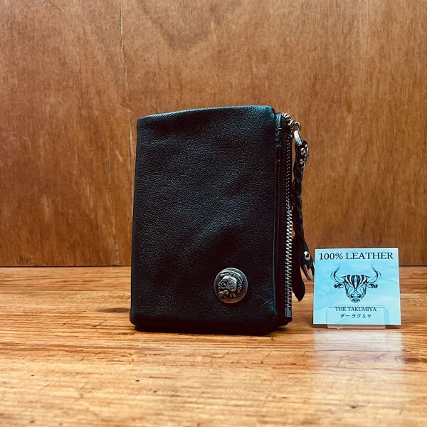 ミドル メンズ 財布 二つ折り財布 本革 牛革 クロムレザー バイカー ウォレット チャーム 新品 未使用 送料無料 一円 1円 ブラック黒_画像3