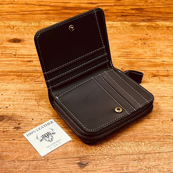 コンパクト財布 折り財布 カードケース イタリアンレザー メンズ 財布 男性 ミニ財布 新品 送料無料 1円 本革 革財布 ナポレオンカーフ 黒_画像6