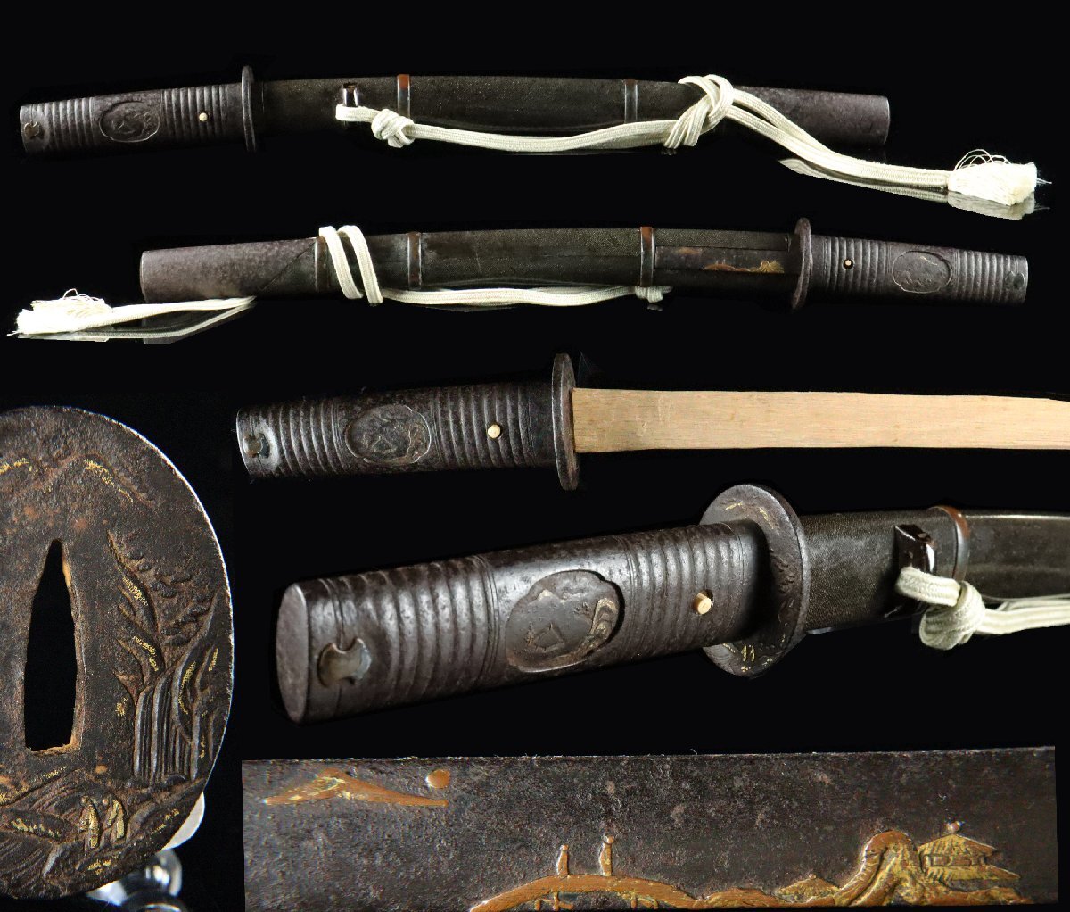 [ASAHI] элемент .... металлический . золотой .. металлические принадлежности один произведение половина длинный меч ..!!. после!! металлический земля рисунок металлический земля гарда меча металлический земля маленький рисунок чёрный краска ножны экстерьер короткий меч меч принадлежности!! [711121ep]