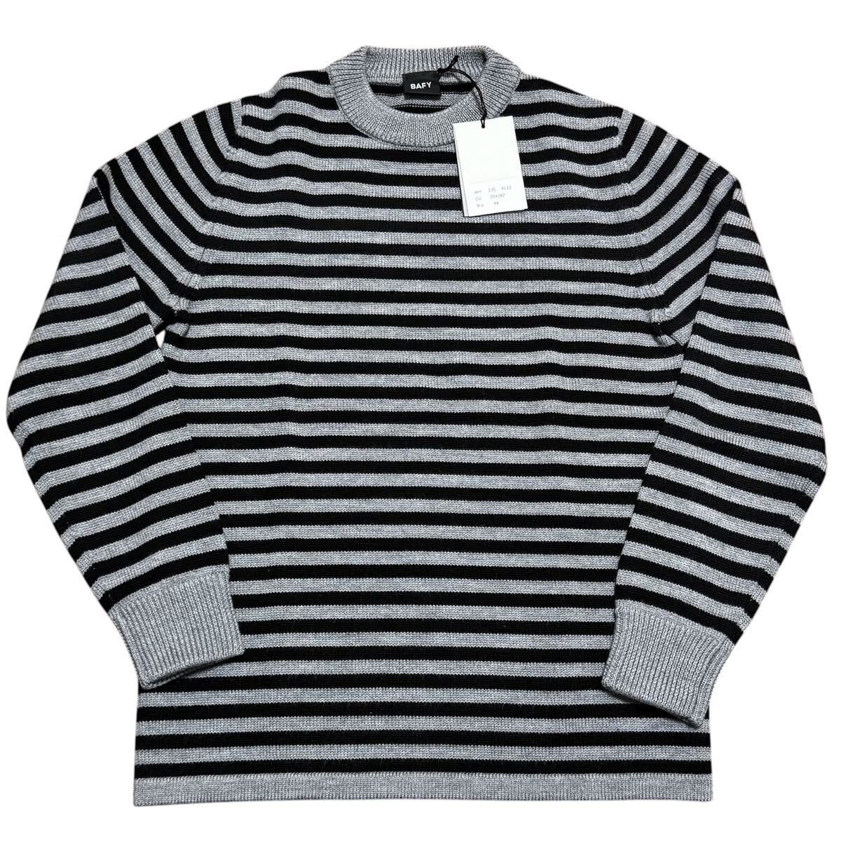 【新品未使用・美品】BAFY バフィー ミドルゲージ クルーネックニット ウール ボーダー ブラック×グレー 46_画像1