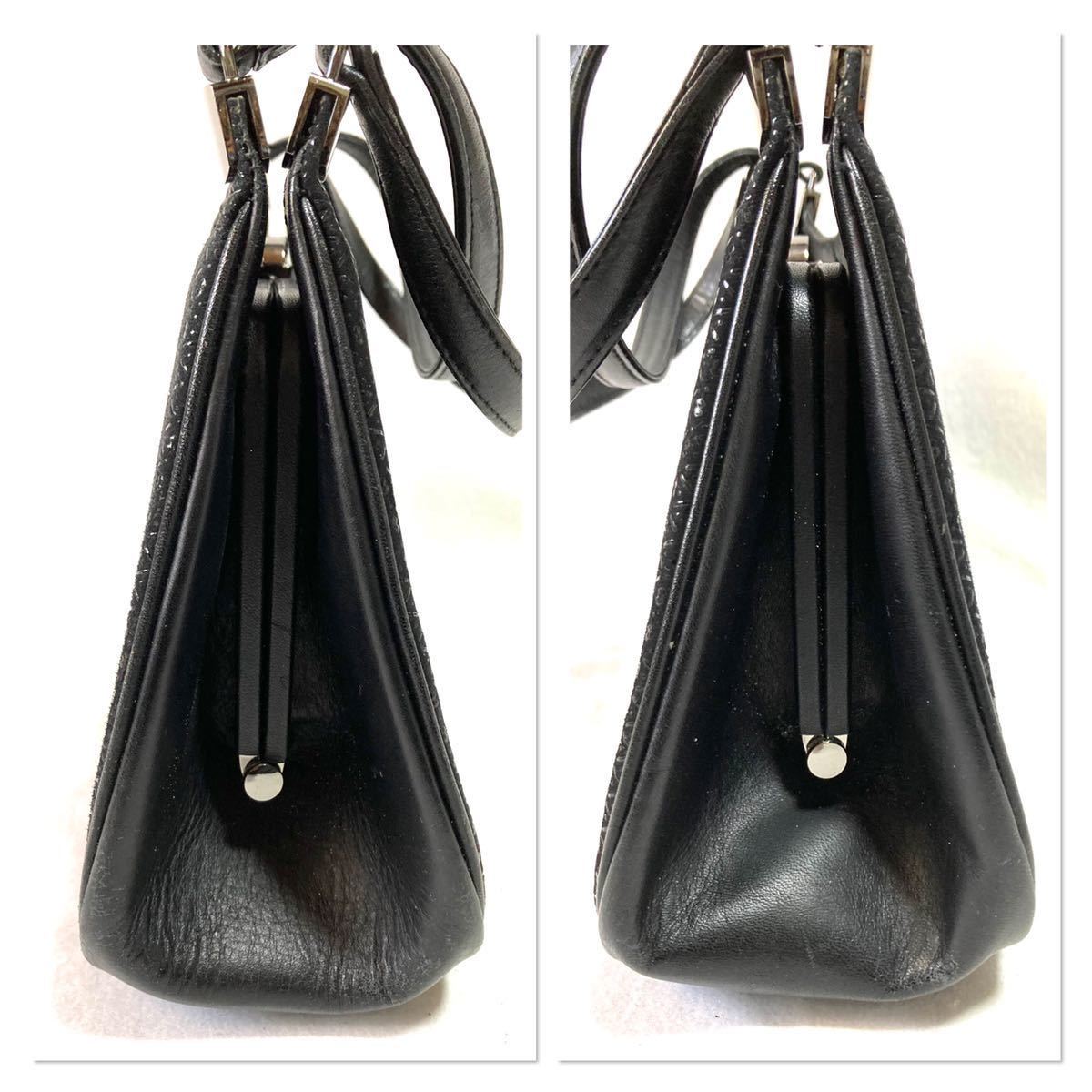 日本伝統工芸 印傳屋 印伝 漆付け 鹿革 がま口式　2way ショルダーバッグ 瓢箪柄 黒_画像9