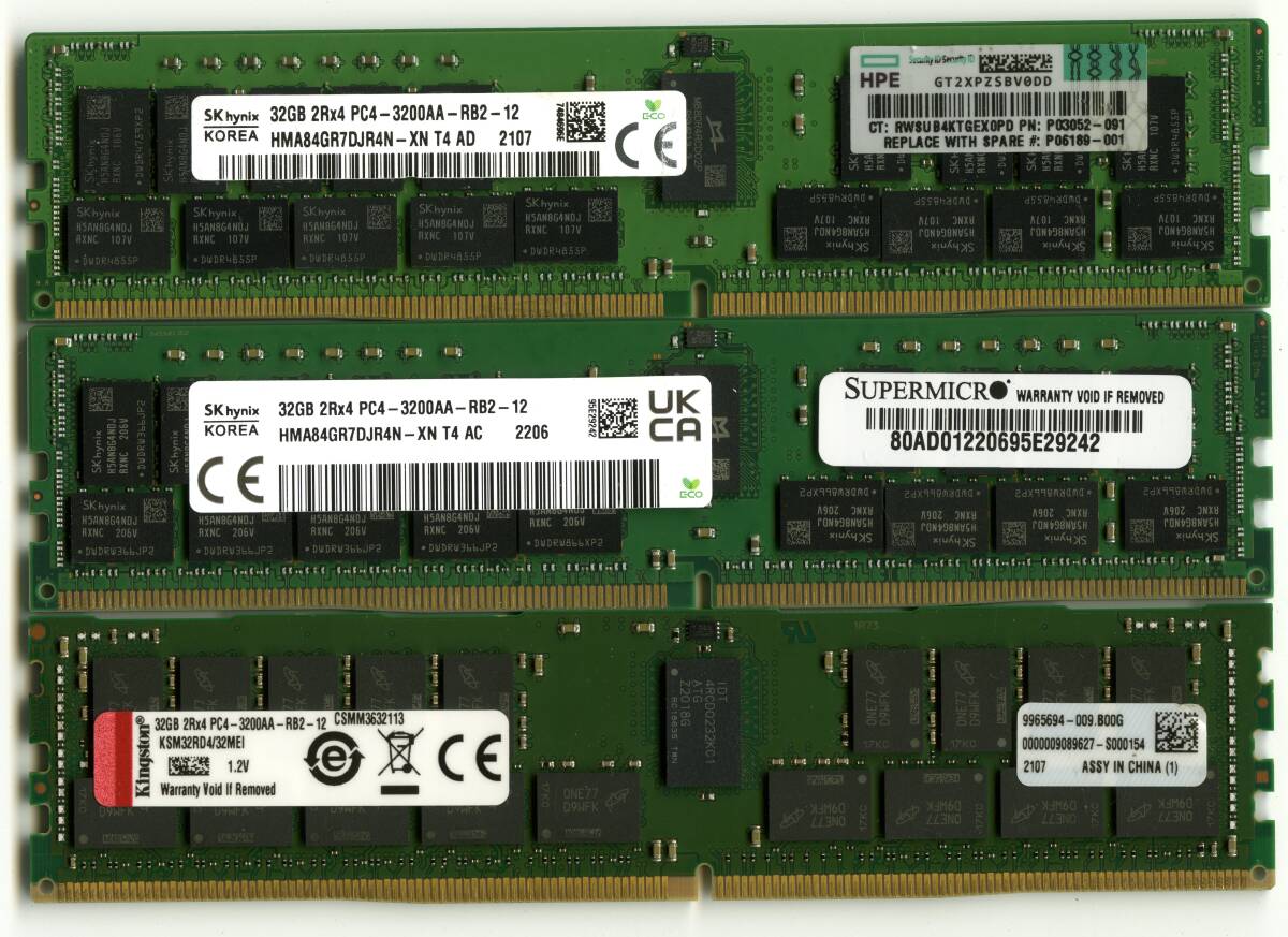 【RDIMM】DDR4-3200　ECC Registered　32GBの3枚セットで96GB　中古　　 Skhynix kingston 2Rx4　reg pc4 サーバー メモリ_画像1