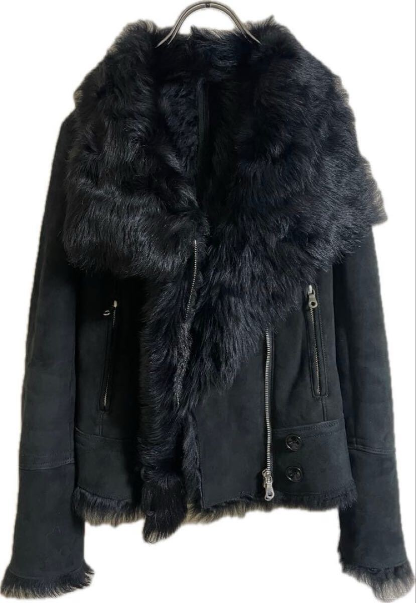 sheepskin Leather fur gimmick jacket coat archive japanese label 00's y2k ムートン ファー ギミック ライダース ジャケット コート _画像3
