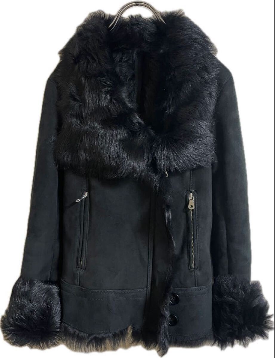 sheepskin Leather fur gimmick jacket coat archive japanese label 00's y2k ムートン ファー ギミック ライダース ジャケット コート _画像5