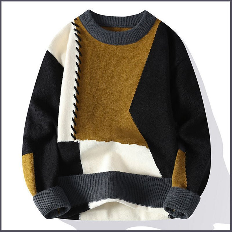 個性◆イタリア製 メンズ ウール混紡 配色 クルーネック ニット セーター リブ裾 防寒 保温 冬用 L/48 fz137_画像1