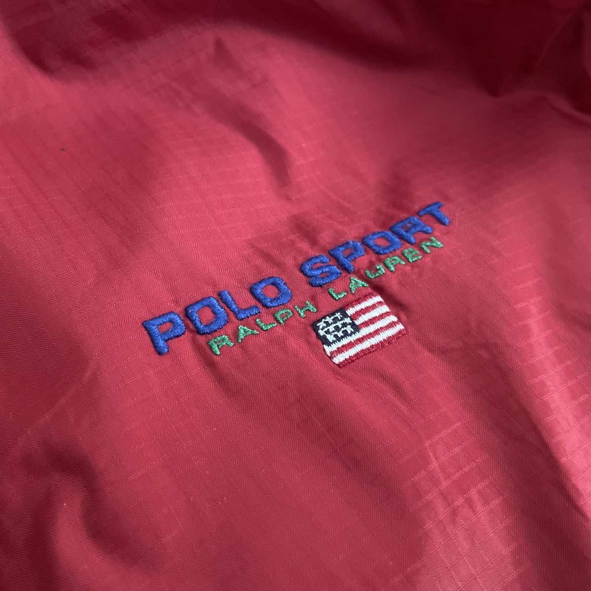 90`s~●POLO SPORT●RALPH LAUREN●Lサイズ●ヴィンテージ リップストップ ロゴ 刺繍 フリース 裏地 ナイロンパーカ●ラルフローレン_画像1