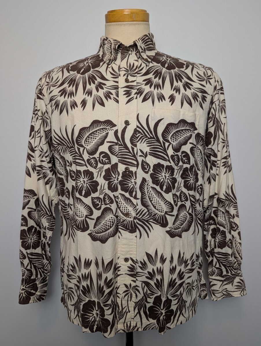 SUN SURF サンサーフ 長袖 コットン フランネル ボタンダウン アロハ シャツ Mサイズ ココナッツ三つ穴ボタン ハイビスカス_画像1