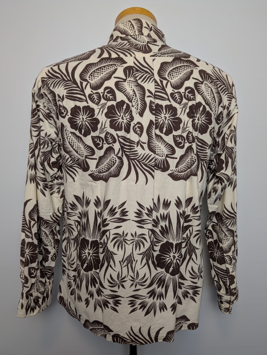 SUN SURF サンサーフ 長袖 コットン フランネル ボタンダウン アロハ シャツ Mサイズ ココナッツ三つ穴ボタン ハイビスカス_画像2