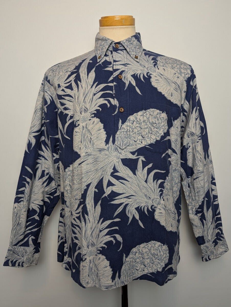 SUN SURF サンサーフ 長袖 フランネル プルオーバー ボタンダウン アロハ シャツ Lサイズ ココナッツ三つ穴ボタン パイナップル_画像1