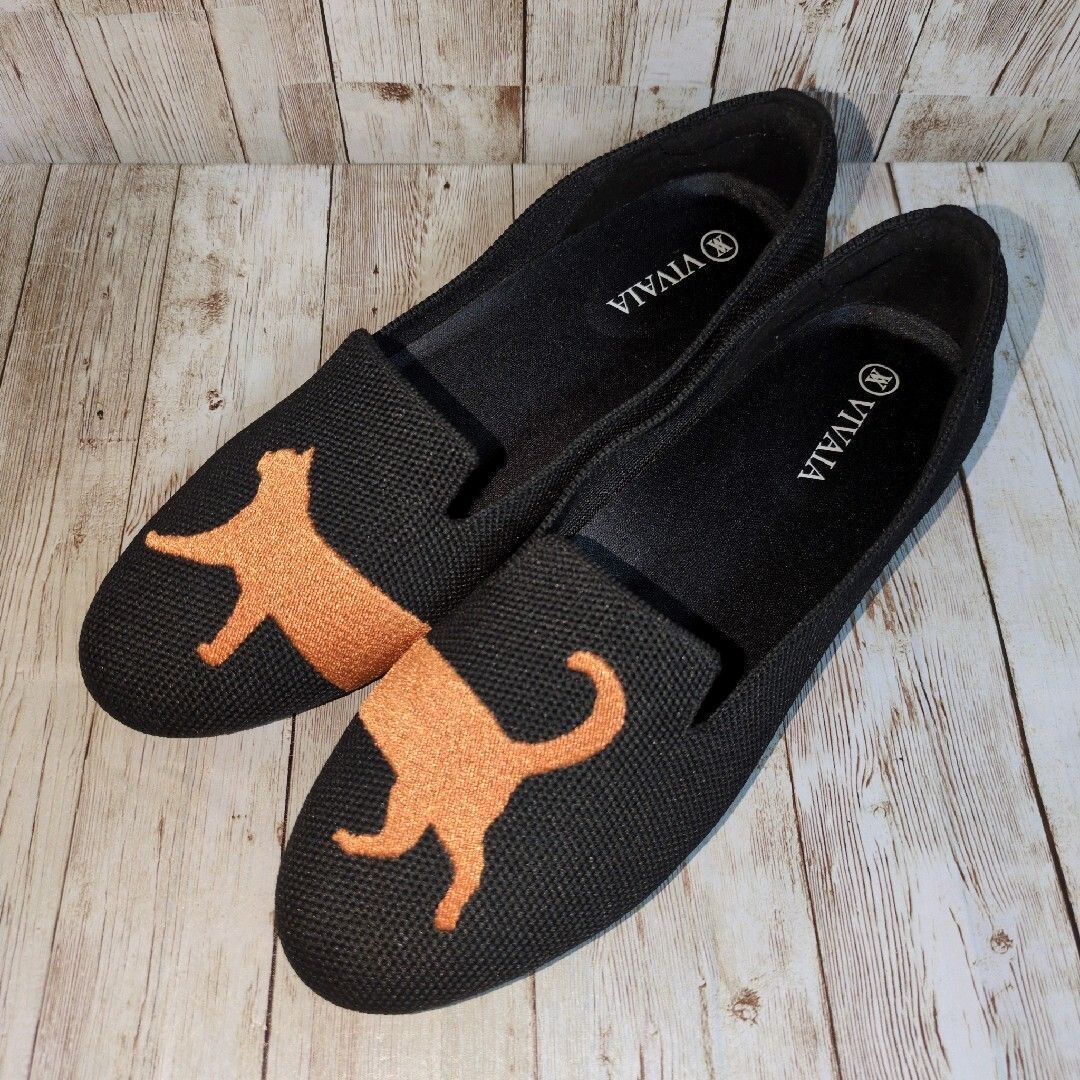 極美品【VIVAIA】Audrey☆ラウンドトゥ☆アニマル刺繍☆ローファー☆猫☆キャット☆フラット☆バレエシューズ☆パンプス☆黒☆EU35.5_画像1