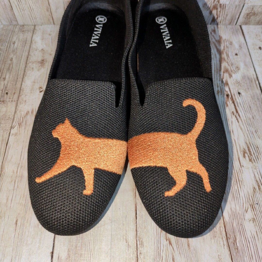 極美品【VIVAIA】Audrey☆ラウンドトゥ☆アニマル刺繍☆ローファー☆猫☆キャット☆フラット☆バレエシューズ☆パンプス☆黒☆EU35.5_画像2