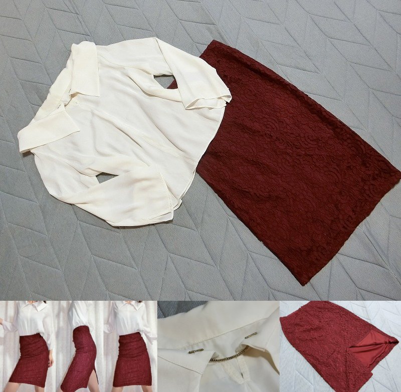 キャンペーン中★詳細は自己紹介文です★g73★清楚美人セット★チェーンが格好良いカットソー＆レーススリットタイト_画像1