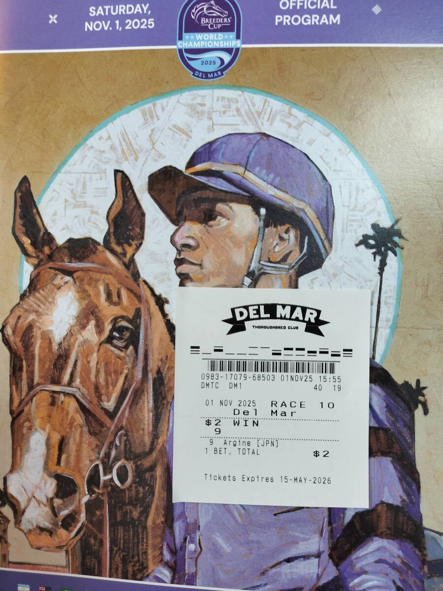 送料無料 アルジーヌ 競馬 2025 米ブリーダーズカップマイル 現地単勝馬券 レープロ付 デットーリ米最終騎乗 ロードHC フォーエバーヤング_画像1