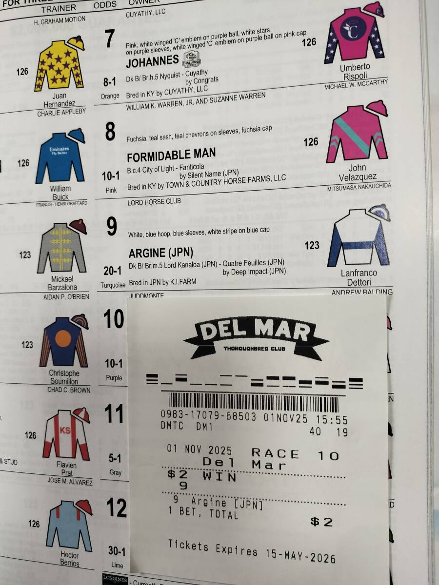 送料無料 アルジーヌ 競馬 2025 米ブリーダーズカップマイル 現地単勝馬券 レープロ付 デットーリ米最終騎乗 ロードHC フォーエバーヤング_画像2