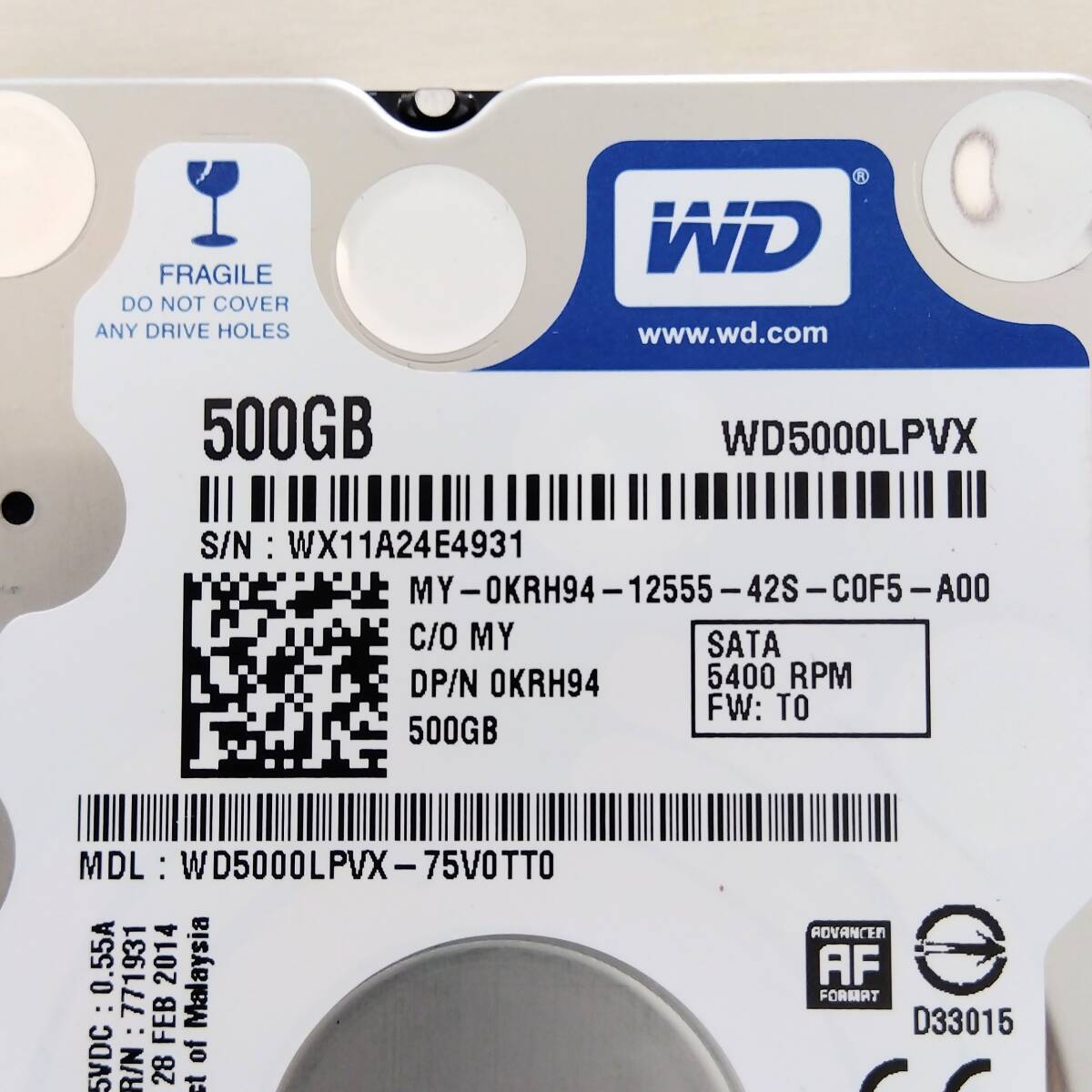 【01】500GB HDD SATA 2.5インチ WD WD5000LPVX ハードディスクドライブ_画像2