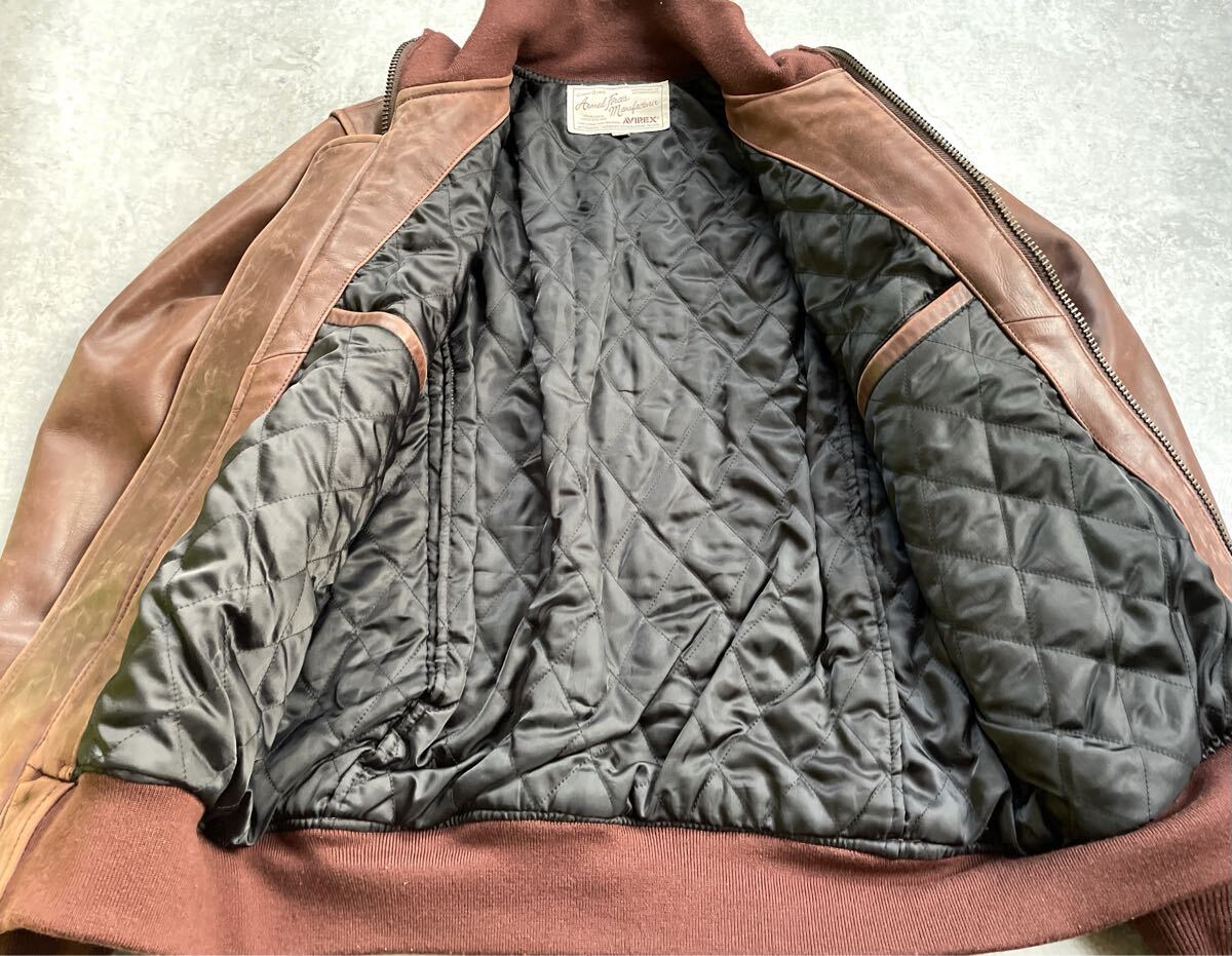 AVIREX アヴィレックス レザー カウタンカース ジャケット L 胸タグ ブラウン フライト 牛革 ミリタリー 上野商会 USA オールド ビンテージ_画像3