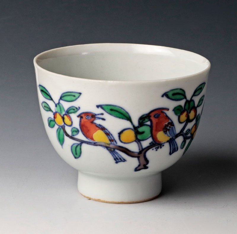 【古美味】古余呂技窯 川瀬順一(竹春) 赤絵花鳥文煎茶碗 六客 茶道具 保証品 SfU3_画像2