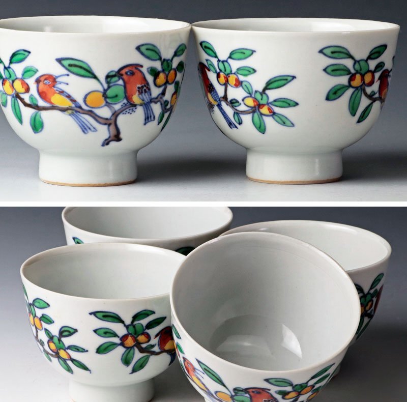 【古美味】古余呂技窯 川瀬順一(竹春) 赤絵花鳥文煎茶碗 六客 茶道具 保証品 SfU3_画像5