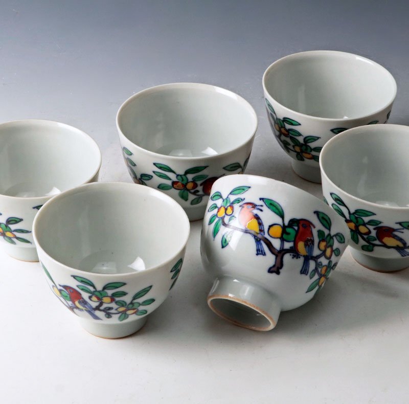 【古美味】古余呂技窯 川瀬順一(竹春) 赤絵花鳥文煎茶碗 六客 茶道具 保証品 SfU3_画像6