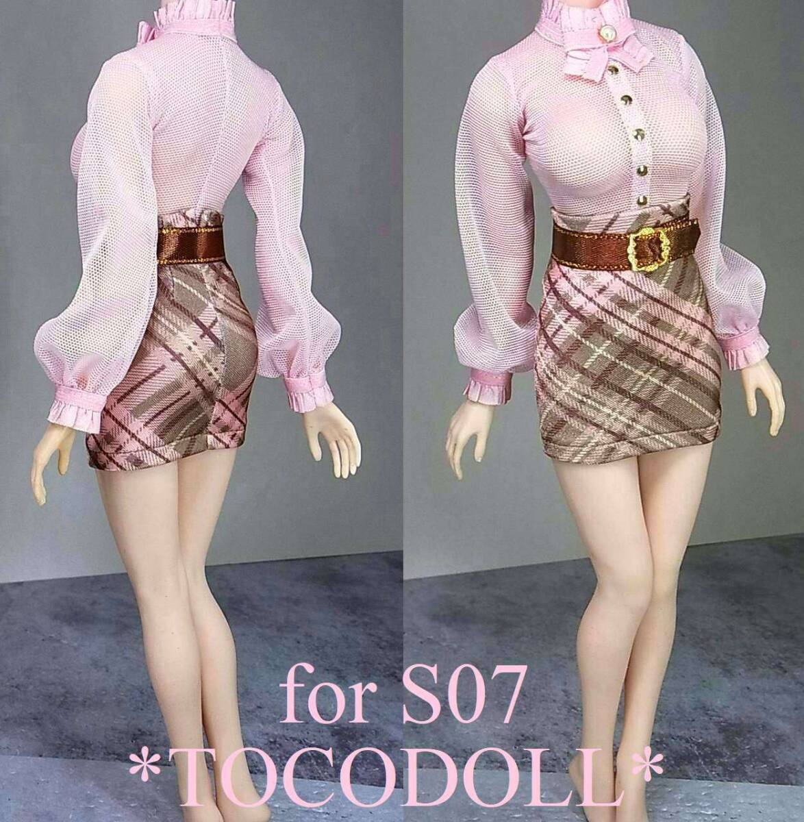 *toco*Phicen/TBLeague用 S07 オフィススタイル パフスリーブシアートップス&タイトスカート/ピンク チェック_画像3