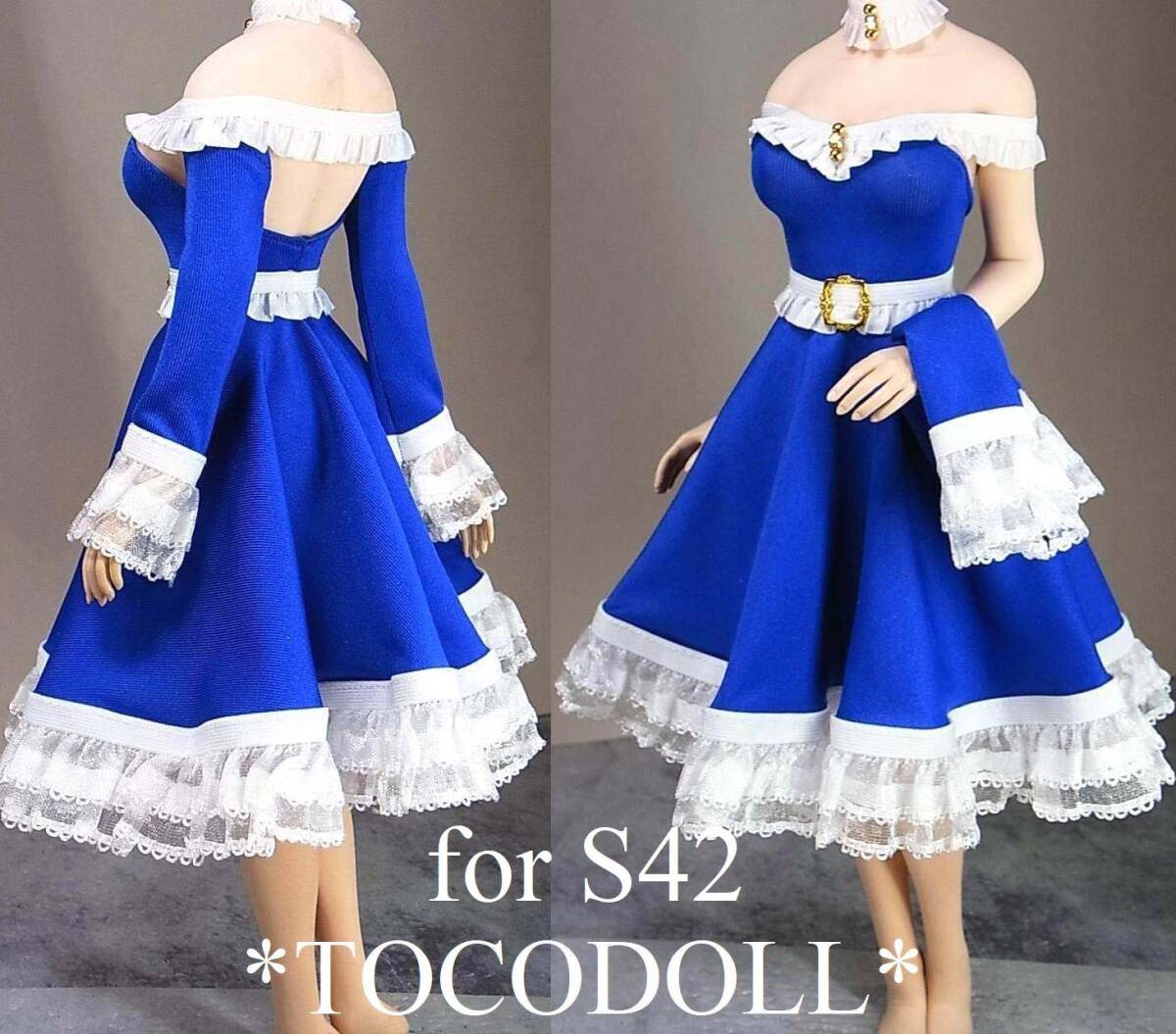 ＊toco＊Phicen/TBLeague用 S42 フレアワンピースセット アームカバー付/サファイアブルー×白_画像3