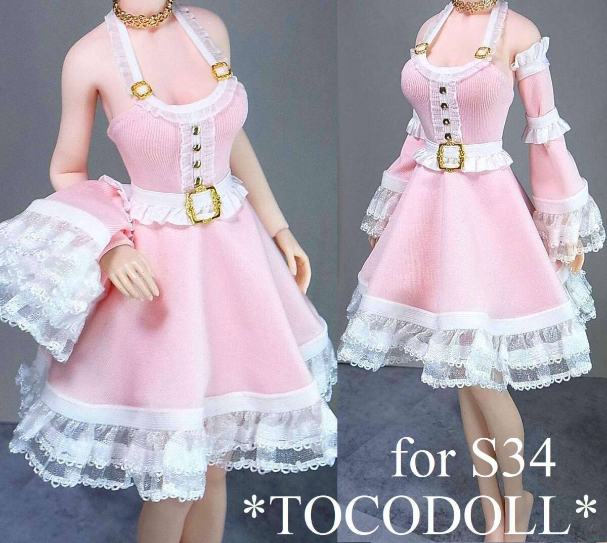 ＊toco＊Phicen/TBLeague用 S34 フレアワンピースセット アームカバー付/ピンク×白×ゴールド_画像1