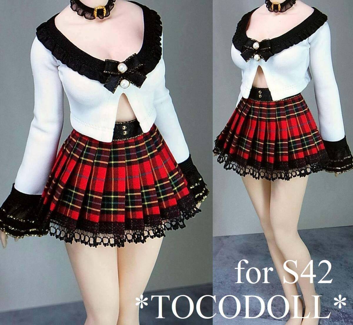 ＊toco＊Phicen/TBLeague用 S42 カーディガン風フリルトップス＆プリーツスカート/レッド チェック_画像1