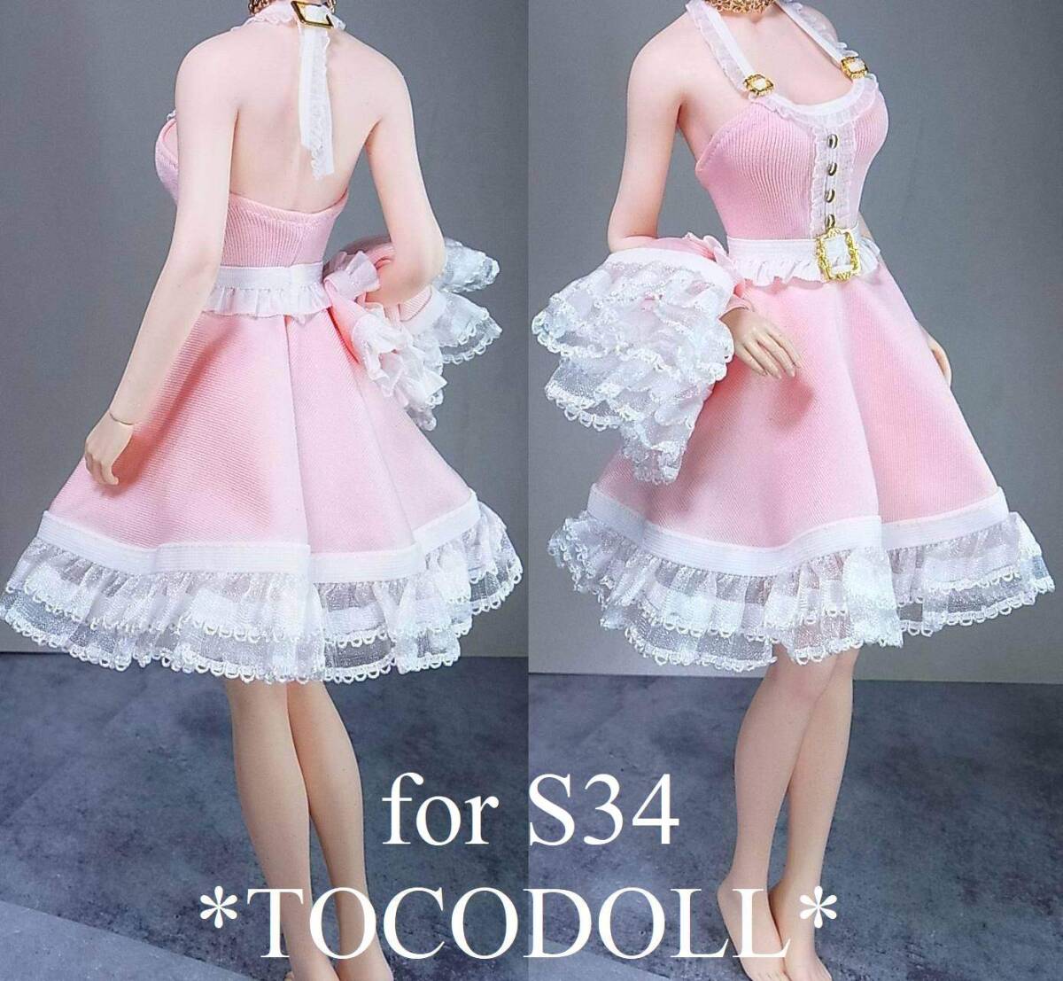 ＊toco＊Phicen/TBLeague用 S34 フレアワンピースセット アームカバー付/ピンク×白×ゴールド_画像3