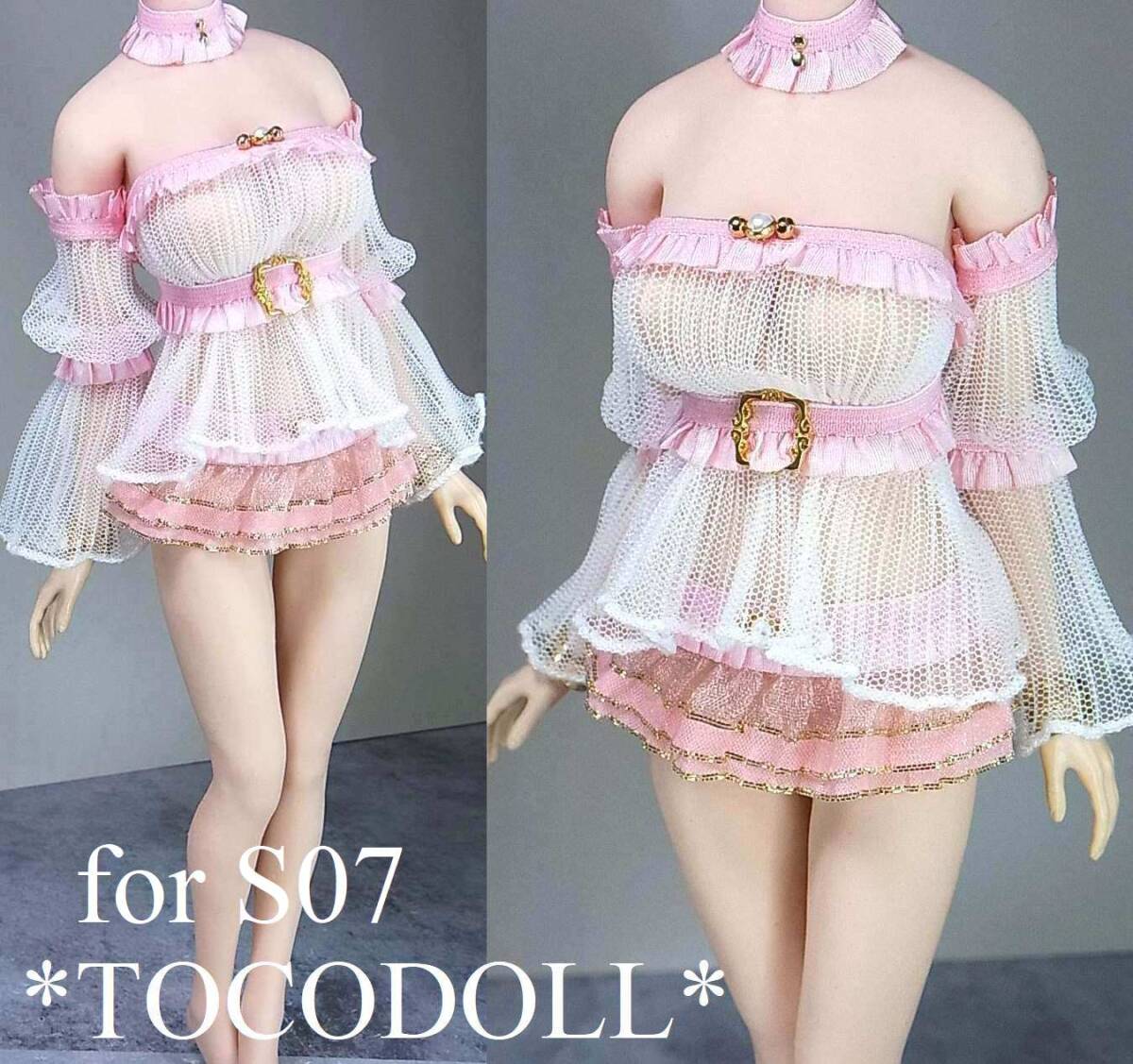 ＊toco＊Phicen/TBLeague用 S07 シアートップス＆ティアードプリーツスカート/白×ピンク×ゴールド_画像2