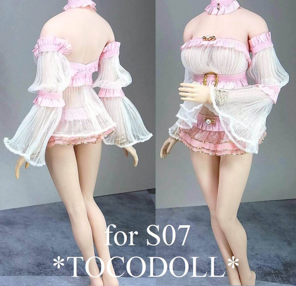 ＊toco＊Phicen/TBLeague用 S07 シアートップス＆ティアードプリーツスカート/白×ピンク×ゴールド_画像3