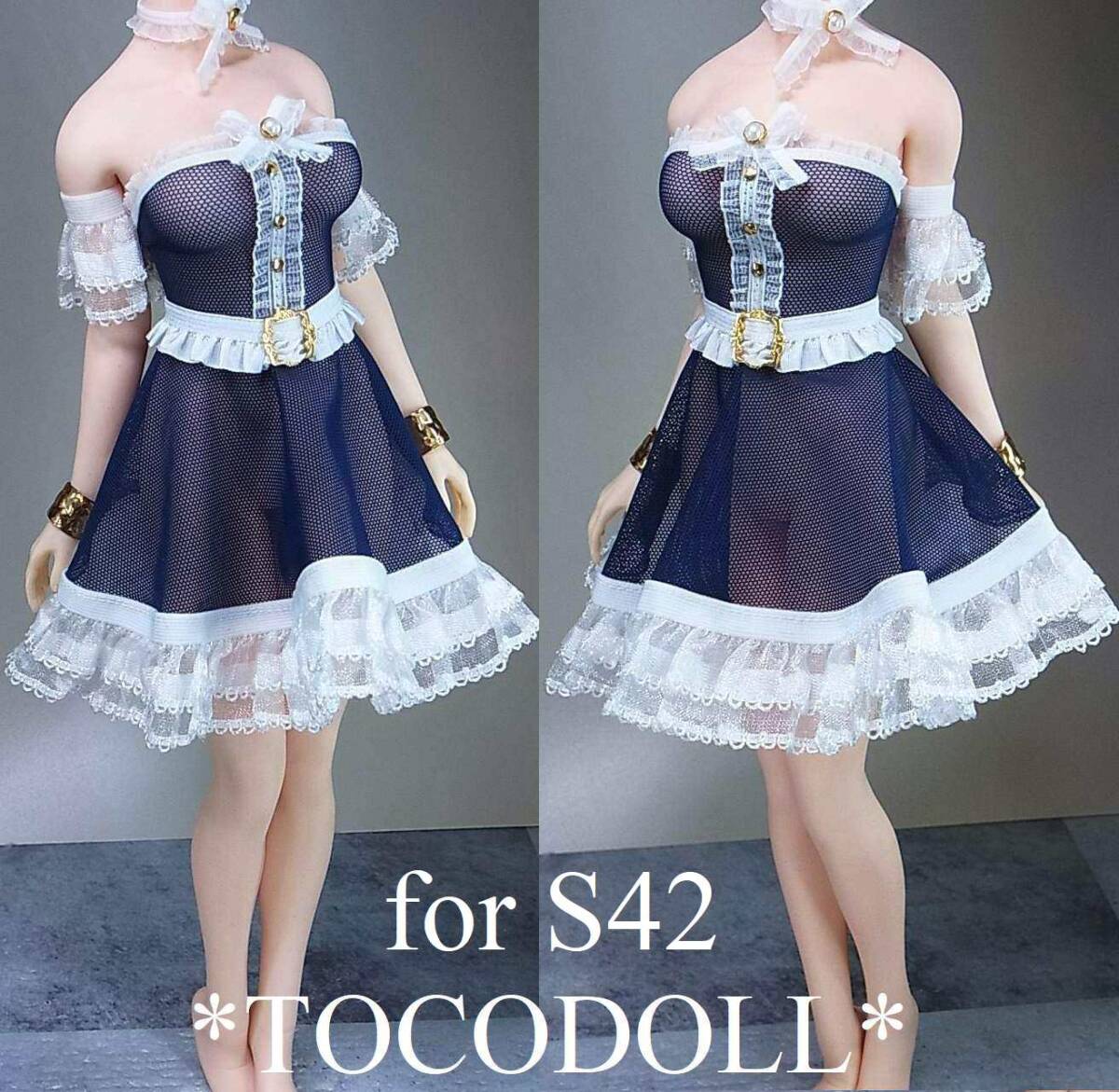 ＊toco＊Phicen/TBLeague用 S42 フレアワンピースセット アームカバー付/ネイビー×白×ゴールド_画像3