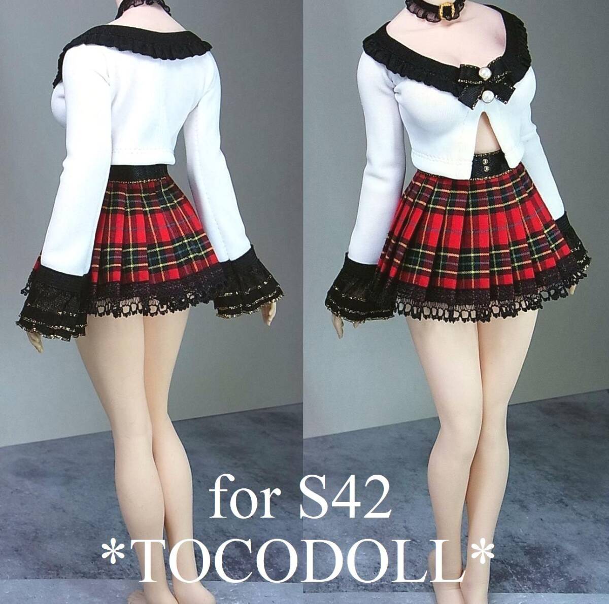 ＊toco＊Phicen/TBLeague用 S42 カーディガン風フリルトップス＆プリーツスカート/レッド チェック_画像3