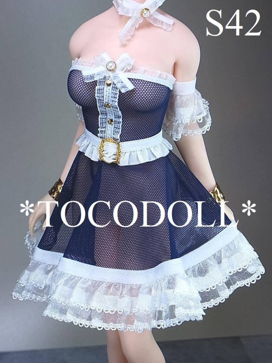 ＊toco＊Phicen/TBLeague用 S42 フレアワンピースセット アームカバー付/ネイビー×白×ゴールド_画像2